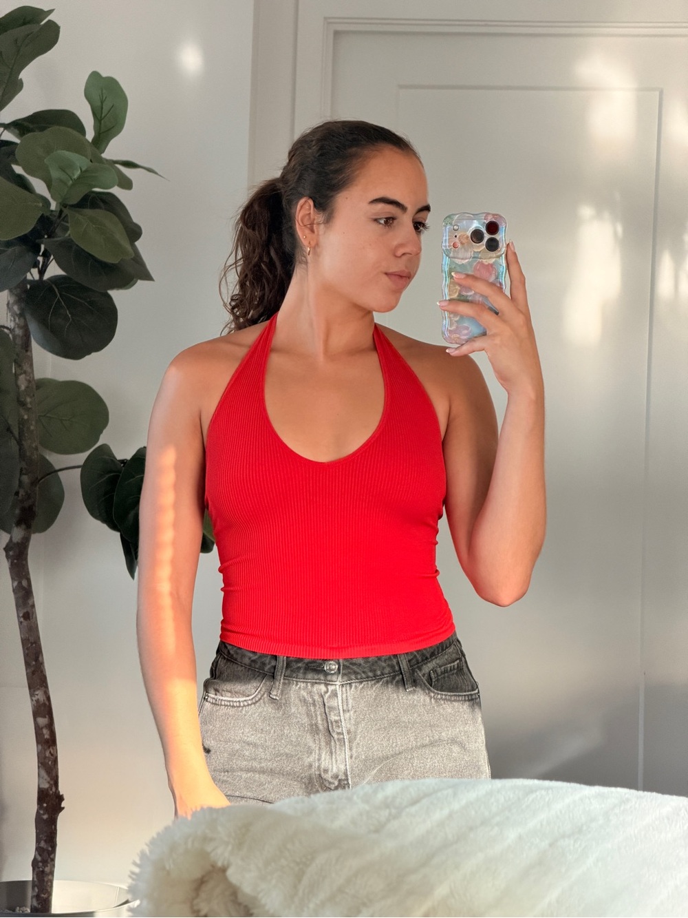 Red Ribbed Halter Tank Top